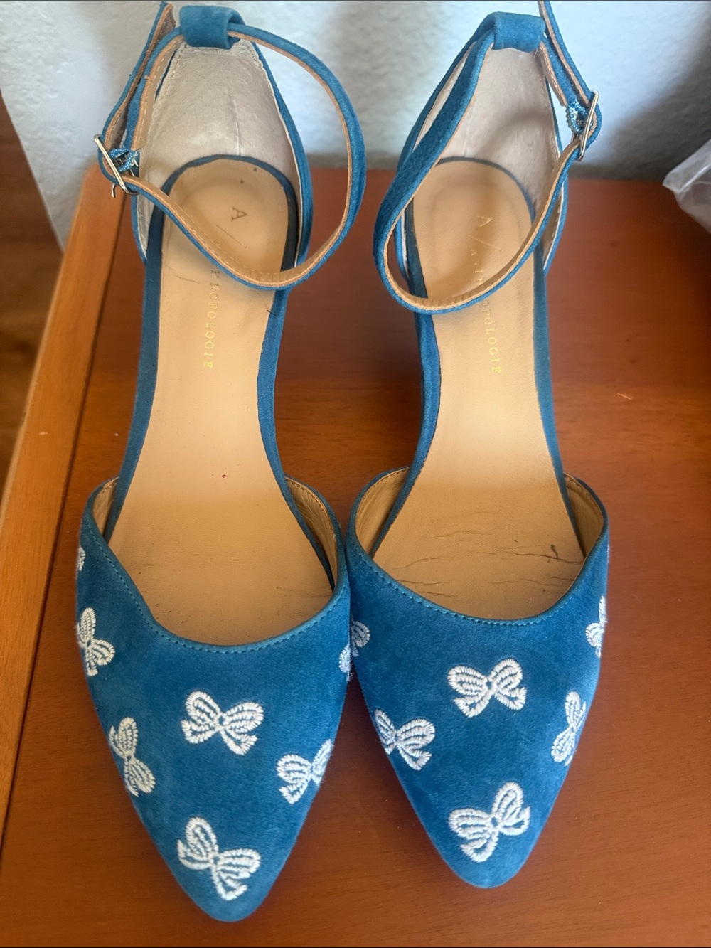 Anthropology Suede Bow Embroidered Ankle-Strap Pumps